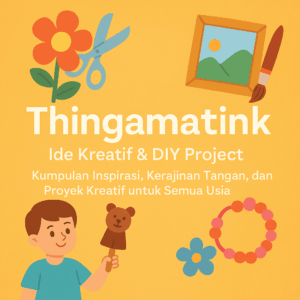 Ilustrasi promosi Thingamatink dengan latar gradasi kuning-oranye, menampilkan anak memegang boneka tangan, gunting, bunga kertas, lukisan, dan gelang manik-manik sebagai simbol DIY Project
