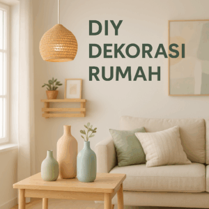 Interior minimalis dengan vas pastel, rak palet, lampu rami, dan bantal linen dalam palet sage–peach–krem.