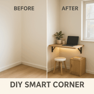 Before-after DIY Smart Corner yang menunjukkan transformasi sudut kosong menjadi meja sudut minimalis dengan rak gantung kayu, lampu LED, tanaman hias, dan laptop.